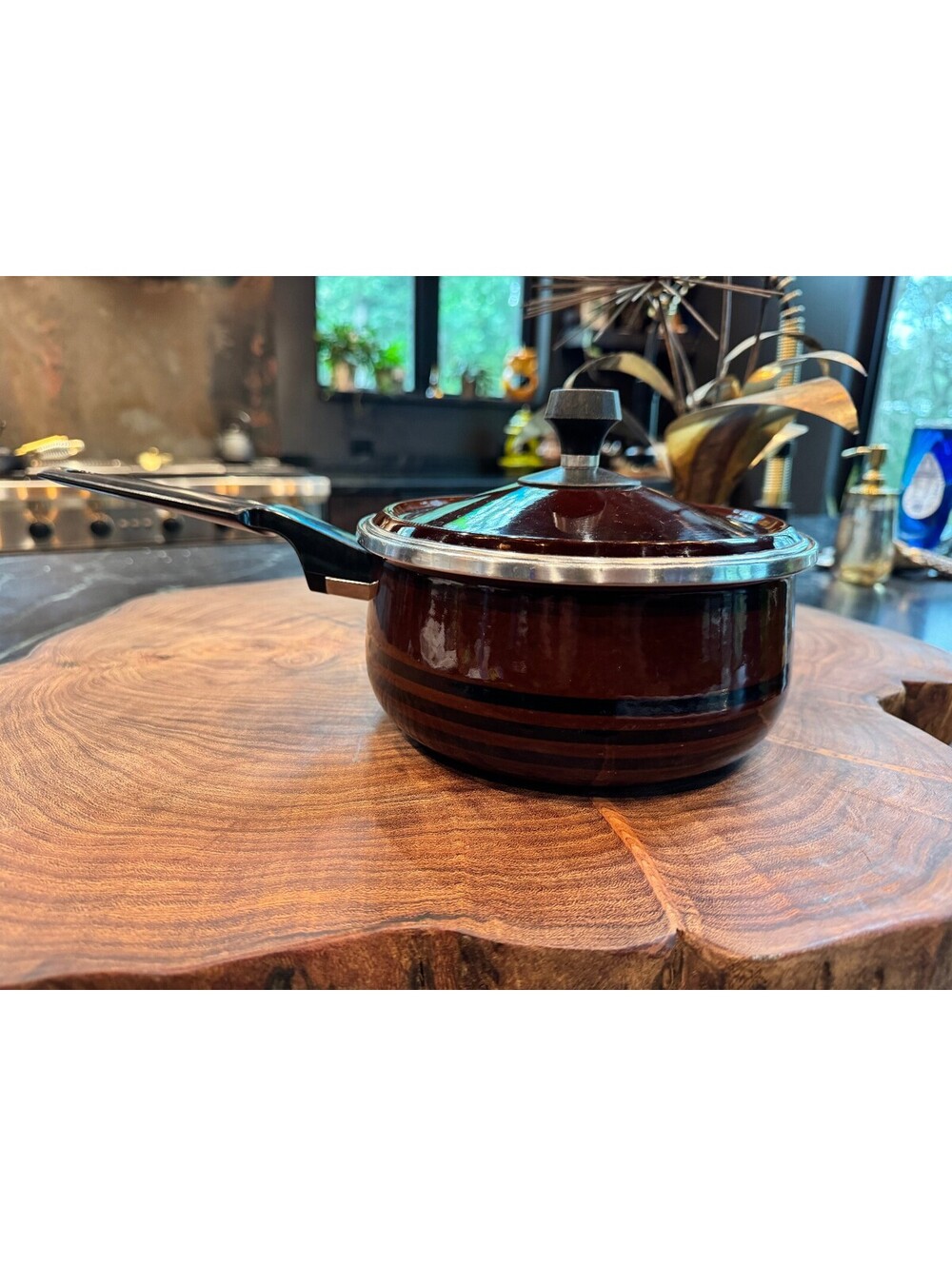 Vintage West Bend Scandia 2 Qt Brown Enamel Saucepan w/ Lid Mid-Century 1970s